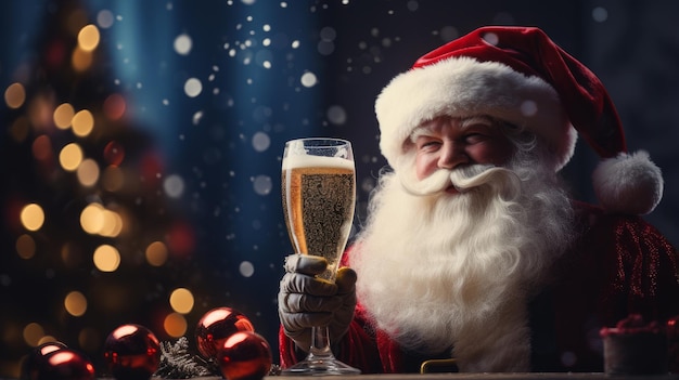 santa claus drinks champagne at christmas celebration