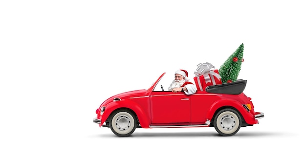 Santa Claus driving red car with christmas gift and christmas tree on a white background