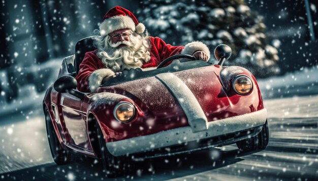 クリスマスの日に赤いスポーツカーを運転してプレゼントを届けるサンタクロース冬のワンダーランド雪に覆われたラン