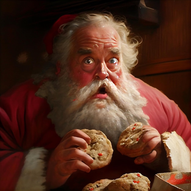 Santa claus eating cookies and looking surprised at camera generative ai