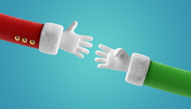 Santa Claus and elf cartoon characters hands wearing white gloves handshake gesture