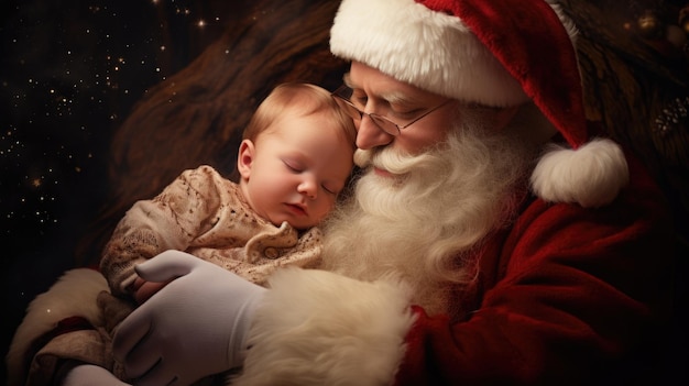 Foto babbo natale abbraccia un bambino creando un momento emozionante e magico pieno di gioia e meraviglia