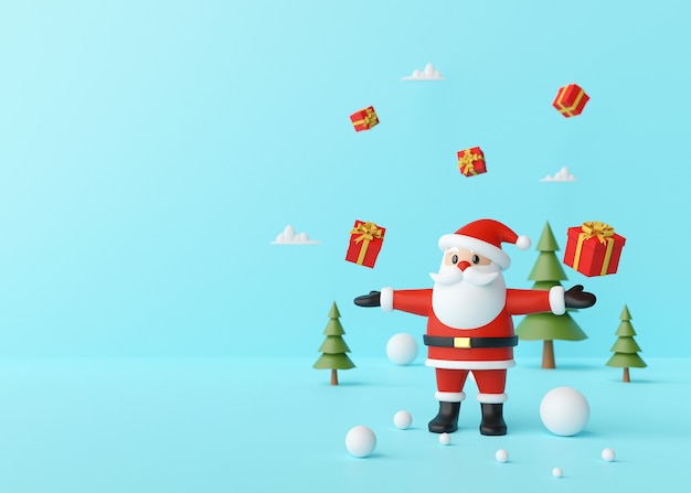 Santa Claus enjoying with christmas gifts on a blue background, 3d rendering