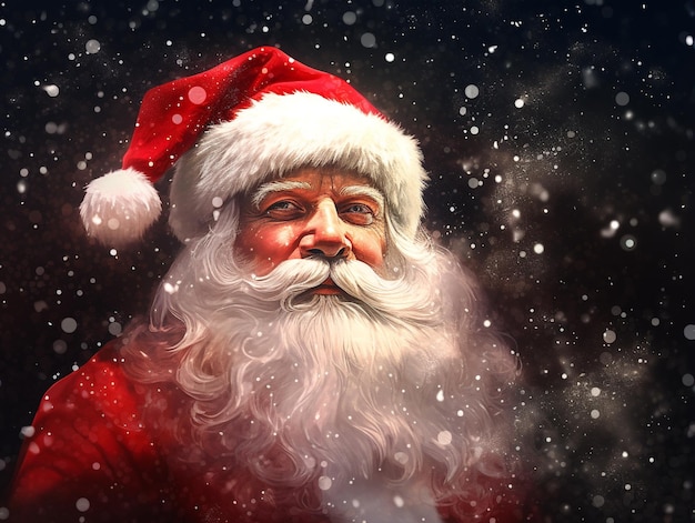 a santa claus face is shown in a dark background