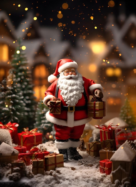 Santa Claus figure in a diorama with gifts and Christmas trees