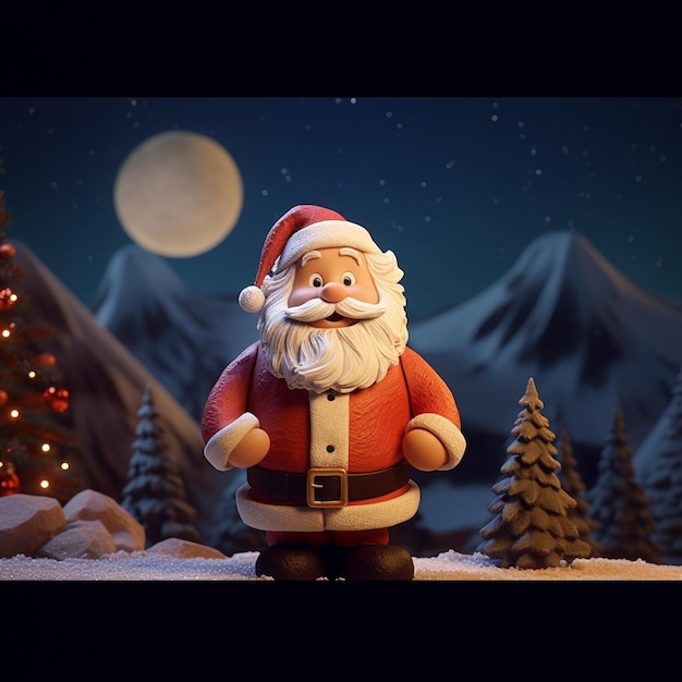 a santa claus figure is standing in the snow with a christmas tree in the background.