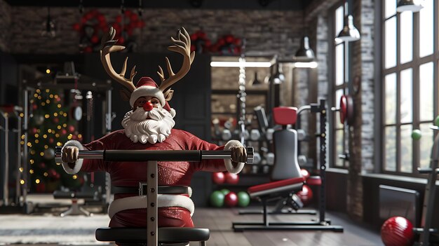 Foto una figura di babbo natale si siede su uno sgabello di bar in una palestra