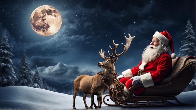 Santa claus flies on christmas eve in the night sky with snow