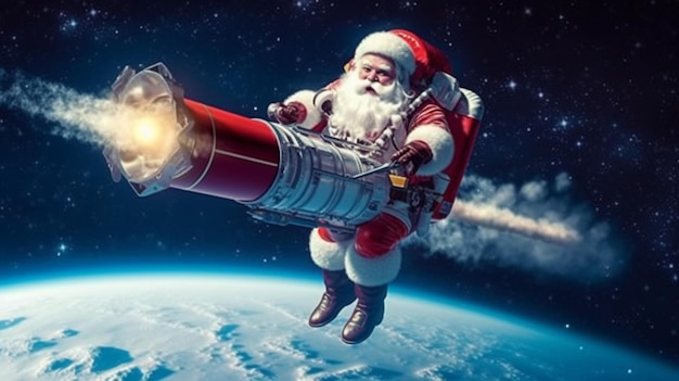 Санта-Клаус летит по воздуху с ракетой в руке.