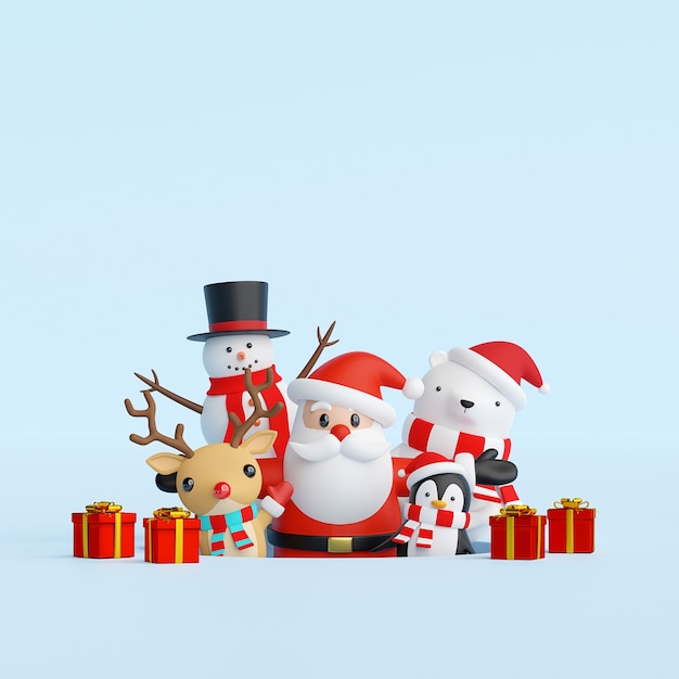 Santa Claus and friends with Christmas gift 3d rendering