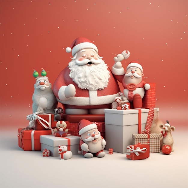 Санта-Клаус и друзья с рождественским подарком 3d-рендеринга