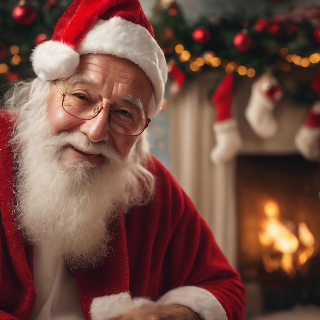 Santa Claus in front of a cozy fireplace