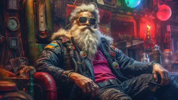 Foto babbo natale nello stile cyberpunk del futuro