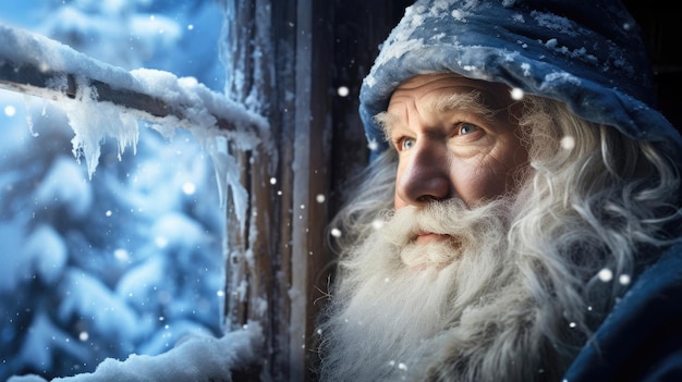 Santa Claus gazes at serene snowcovered landscape through frosty window