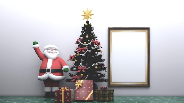 Santa claus, gift and christmas tree with photo mockup with white background for merry christmas