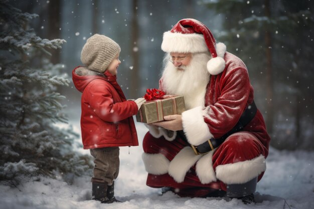 Santa claus gives a gift to a little girl in the middle of a snowy forest generated by ai