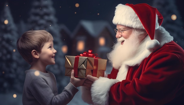 Santa Claus giving christmas gift to a little boy in december