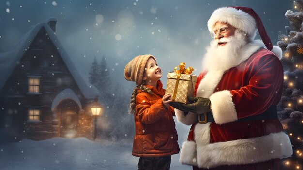 Santa Claus giving christmas gift to a little girl in december