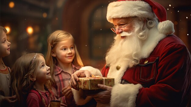 Санта-Клаус дает подарки маленьким детям
