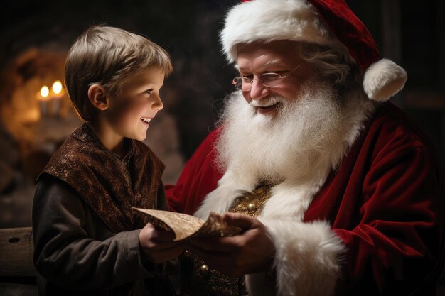 Photo santa claus giving present to the kid