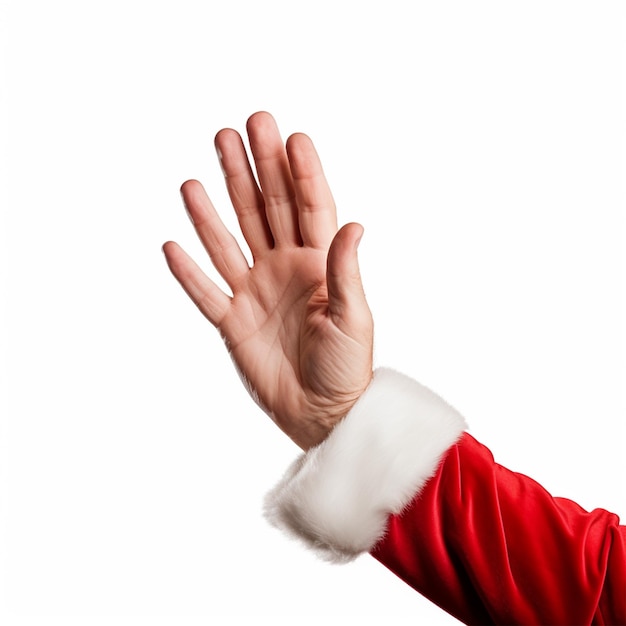 サンタクロースの手は白い背景でクリスマスのプレゼントを握っている