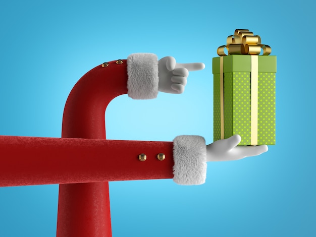 Руки Санта-Клауса в красных рукавах с белым мехом держат зеленую подарочную коробку
