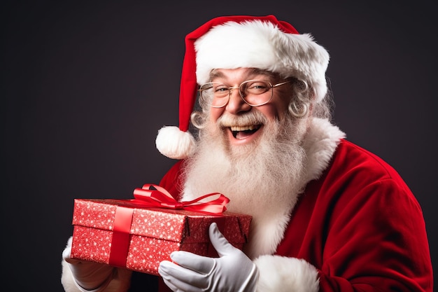 Santa claus having gift box joyful and optimistic crisp and clean look minimal retouching