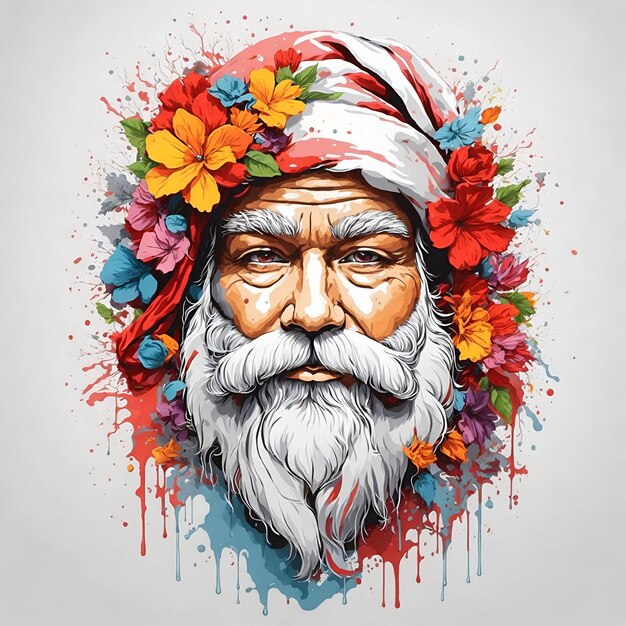 티셔츠 디자인을 위한 꽃과 페인트가 떨어지는 예술이 있는 산타클로스 머리 초상화
