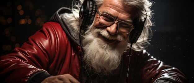 Photo santa claus in headphones generative ai