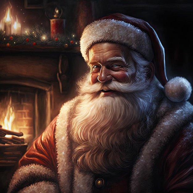 Santa Claus at his house smiling and friendly sitting by the fireplace on Christmas night