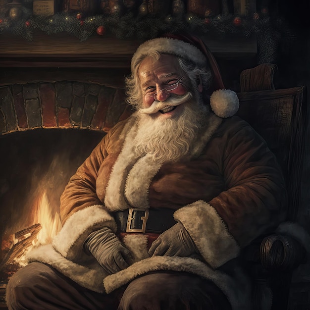 Santa Claus at his house smiling and friendly sitting by the fireplace on Christmas night