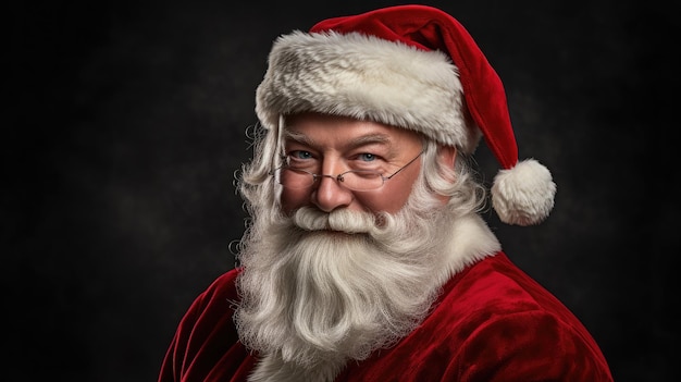 Санта-Клаус в своем культовом красном костюме и белой бороде улыбается падающему снегу.