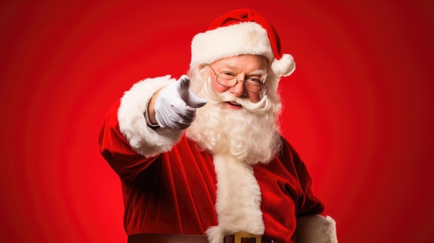Photo santa claus in his iconic red and white attire is joyfully pointing forward with a warm inviting smile embodying the spirit of christmas