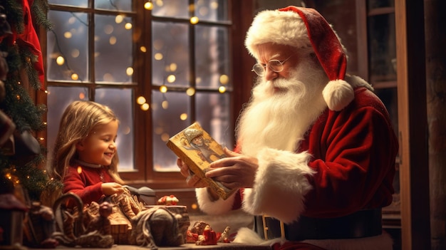Санта-Клаус в своем офисе с маленькой девочкой.