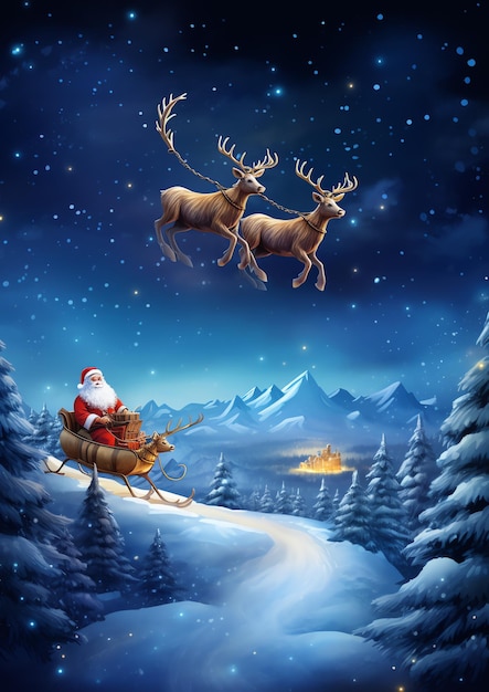 Santa Claus and his reindeer flying through the night sky watercolor winter border frame