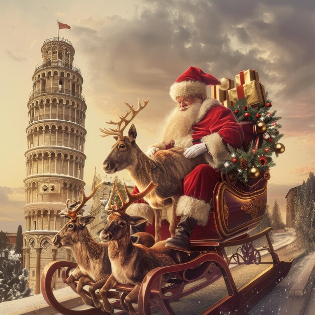 Foto babbo natale e le sue renne davanti alla torre inclinata di pisa