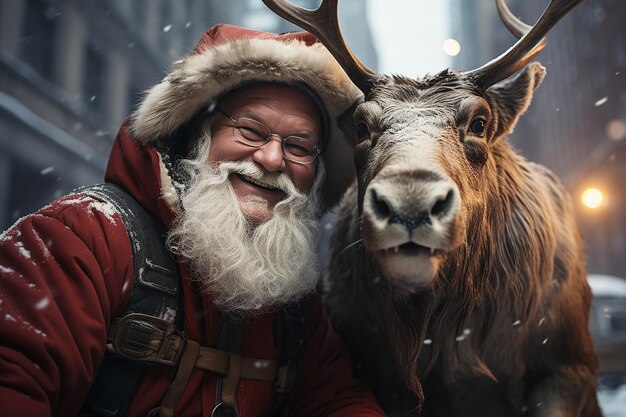 Santa Claus and his reindeer take a selfie photo together in the city