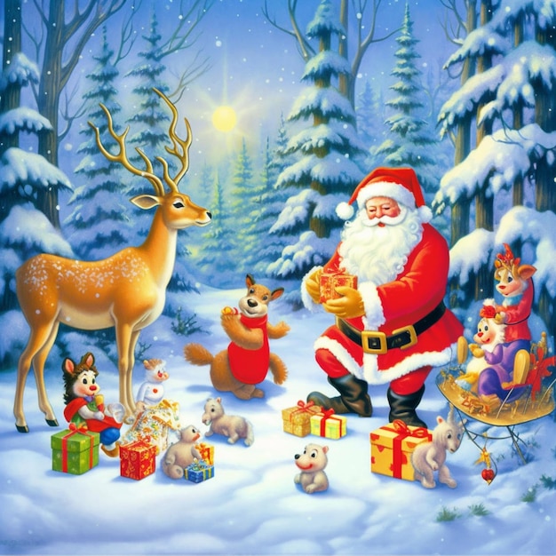 サンタクロースと彼の鹿はクリスマスツリーの周りに集まっています