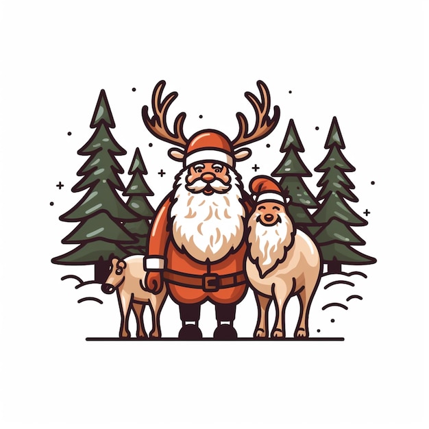 Photo santa claus and his reindeers are standing in the woods generative ai