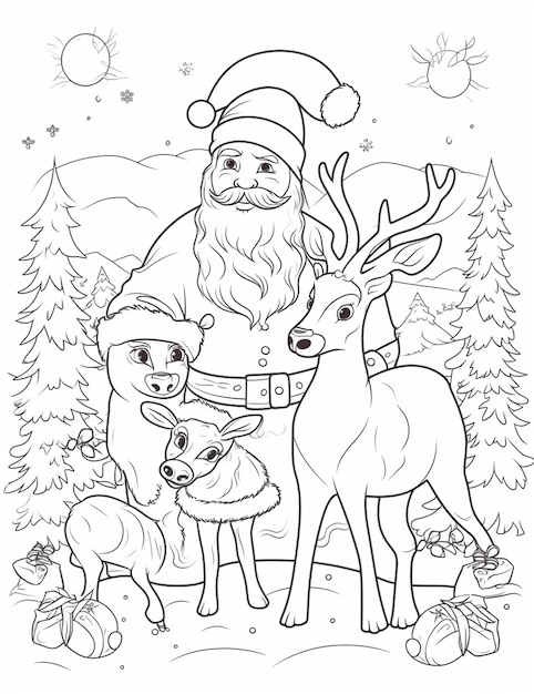 Photo santa claus and his reindeers coloring page generative ai