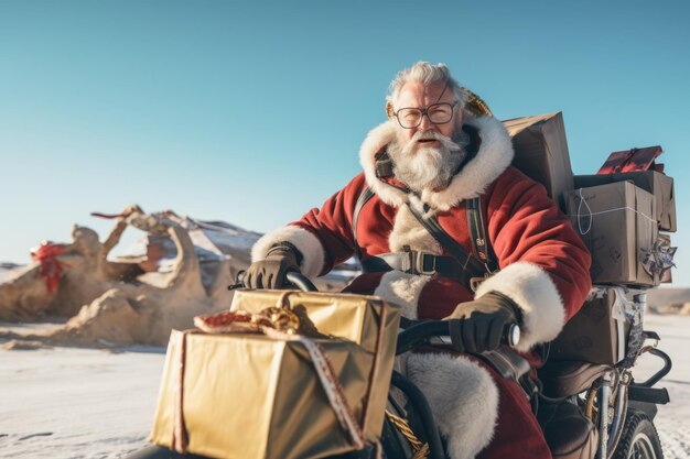 Santa Claus on his super sleigh at the North Pole