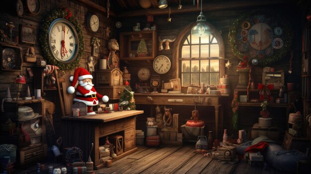 Photo santa claus in his whimsical workshop crafting toys and checking his list the cozy clutterfree environment where the magic happens with a minimalist modern twist