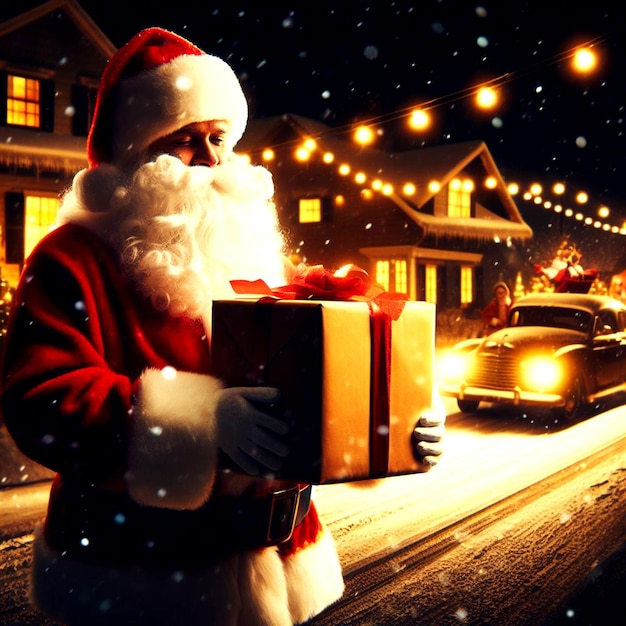 Santa claus hold a gift in Christmas