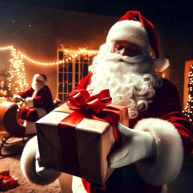 Santa claus hold a gift in Christmas