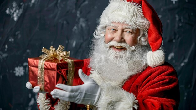 写真 サンタクロースが暗い背景にプレゼントを握っている