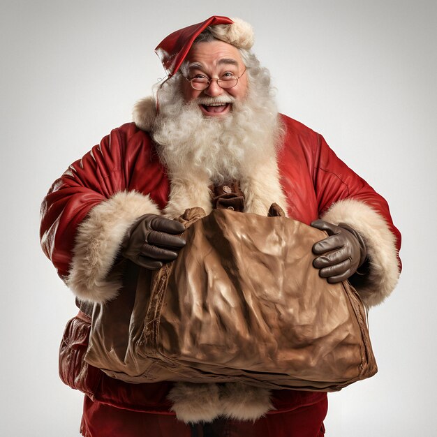 Photo santa claus holding a bag of presents and smiling generative ai