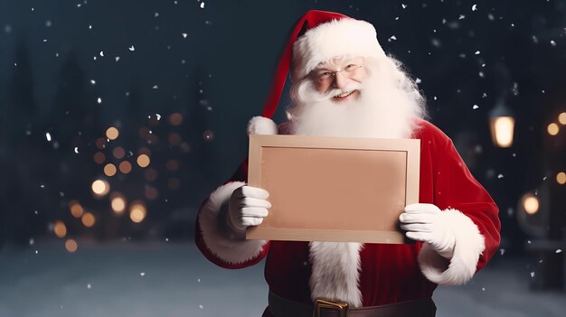 Photo santa claus holding blank notice board