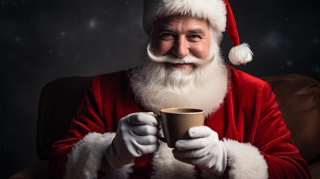 Photo santa claus holding a cup of hot drink in his hands on dark background