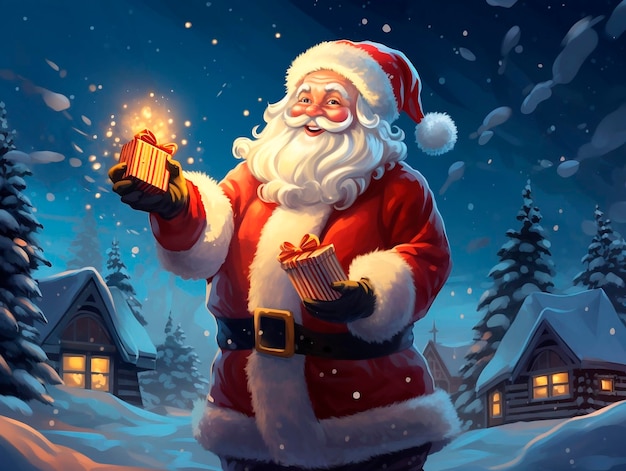 Santa Claus holding a gift box in the village Christmas illustration