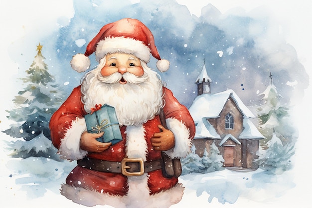 クリスマスの屋外のポストカード デザイン印刷用の水彩イラストの贈り物を保持しているサンタ クロース